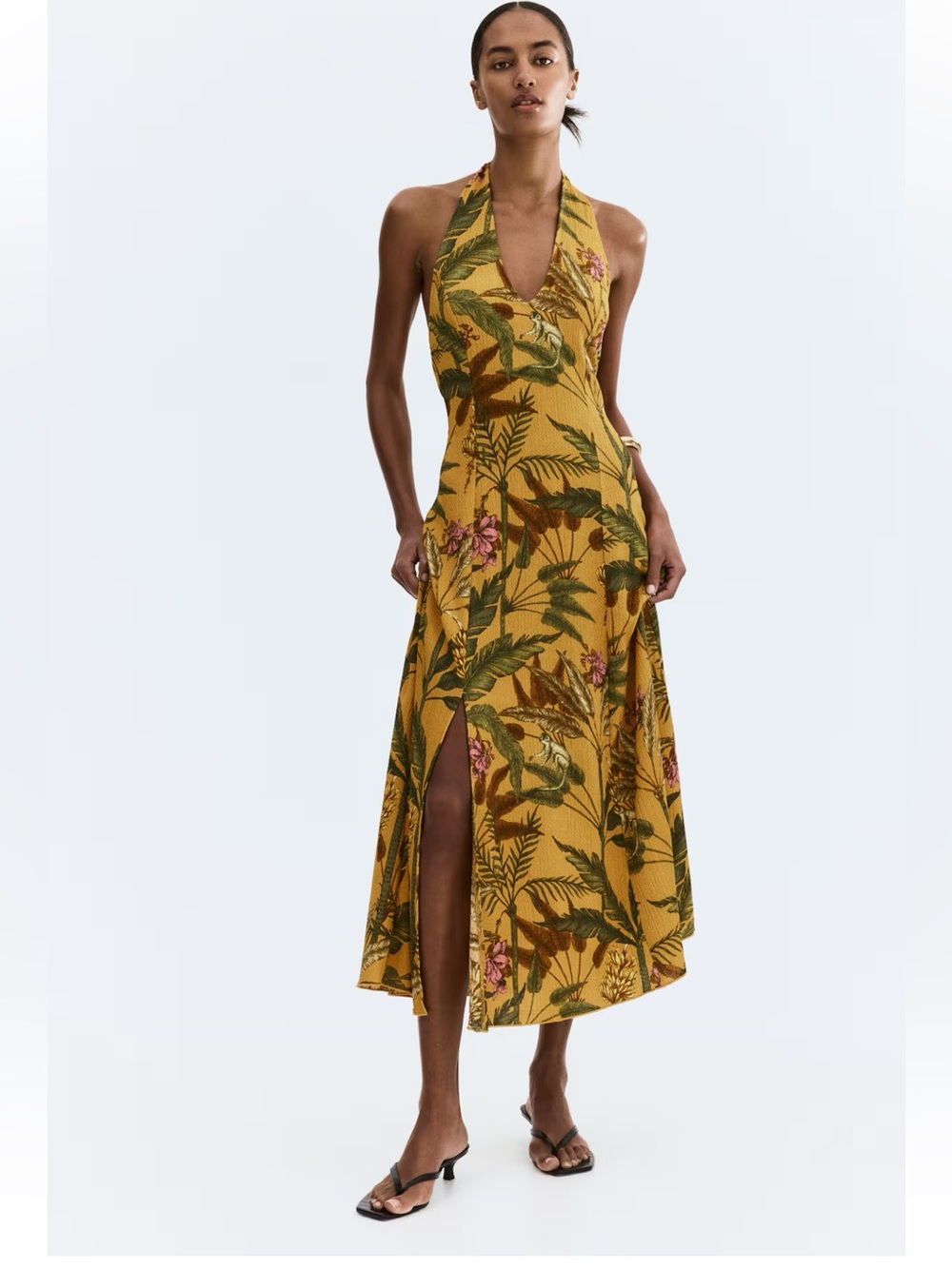 H&M Yellow Tropical Halter-Style Maxi Dress with Green Leaf Print